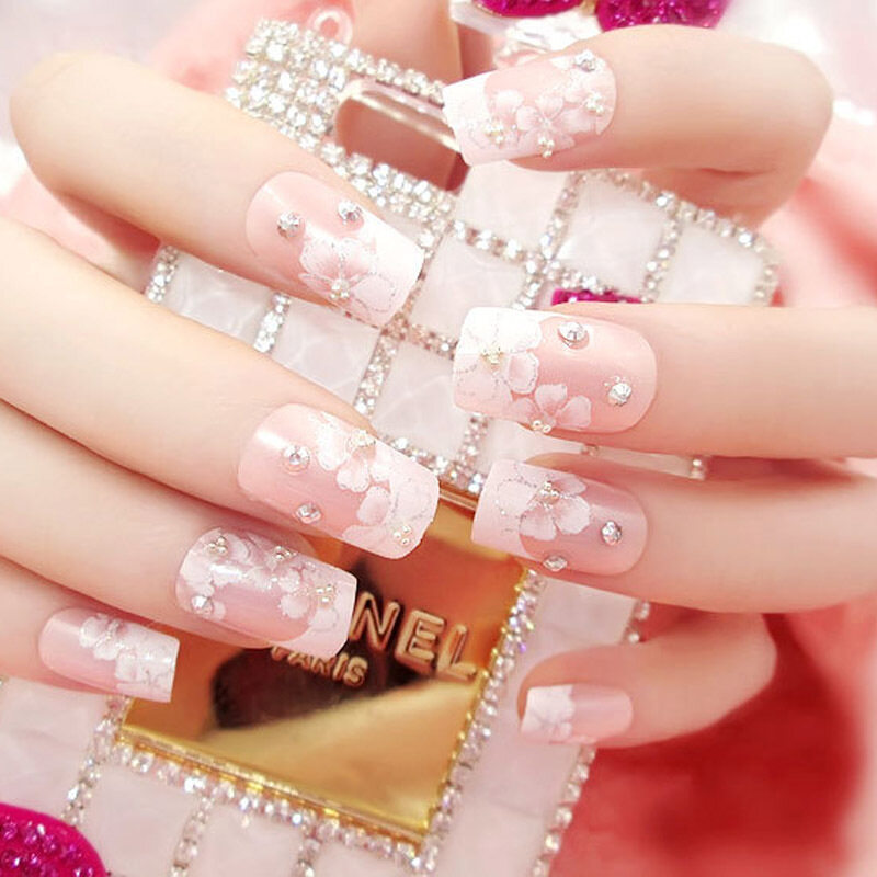 24 Cái/bộ, Đầu Móng Tay Đầy Đủ Cho Cô Dâu Đám Cưới Có Keo Dụng Cụ Làm Móng Giả Kim Cương Giả 3D Lấp Lánh Hình Hoa giá rẻ