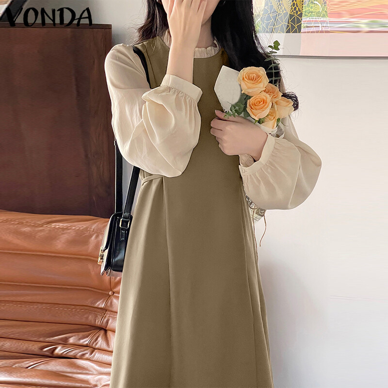 VONDA Women Patchwork Casual O Neck Dress Vintage Maxi Dress Autumn Loose Elegant Long Dress (Korean Causal)