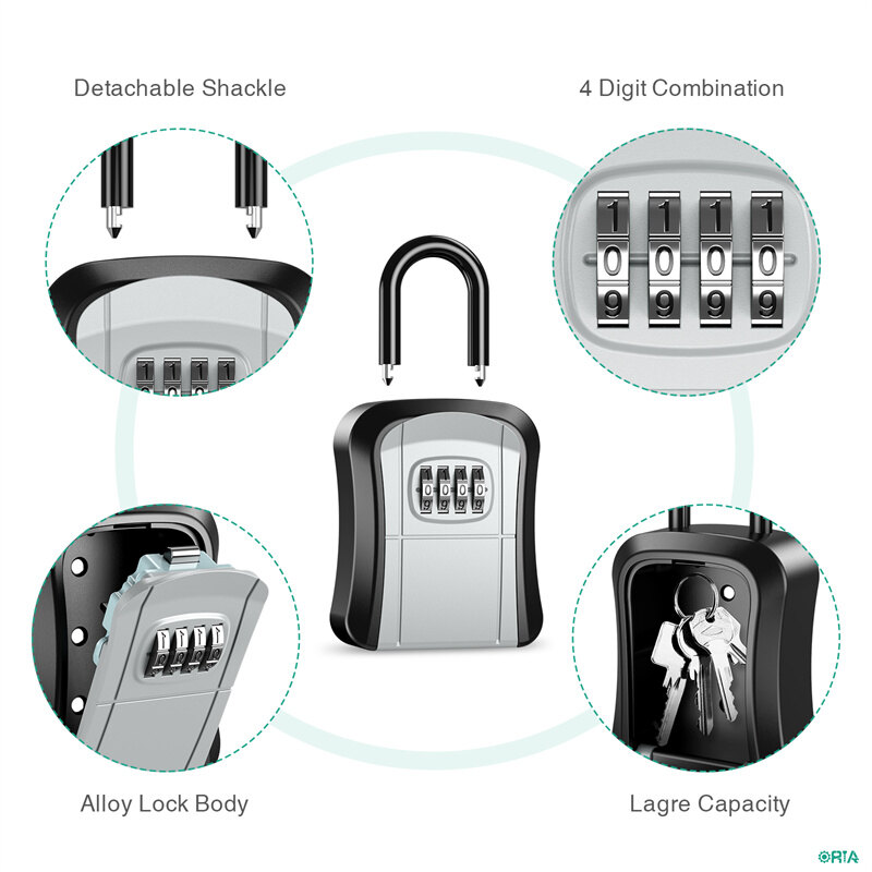 ORIA Key Storage Lock Box, 4 Digit Combination Key Safe Security Box 5 Keys Capacity for House Key Storage Combo Door Locker
