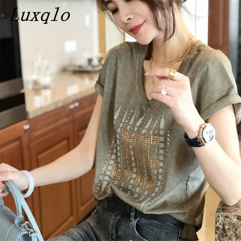Luxqlo New Fashion V-Neck Cotton Korean Style T Shirt Casual Women Clothes Short Sleeve T-Shirt Printed Summer Ladies Top