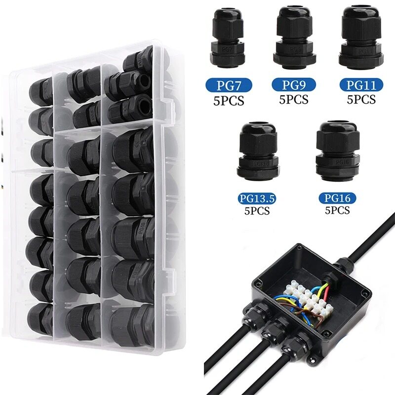 25 cái ốc siết cáp chống nước cáp nhập ip68 cho 3-6.5mm pg7 pg9 pg11 pg13.5 pg16 đen nylon miếng nối nhựa với hộp