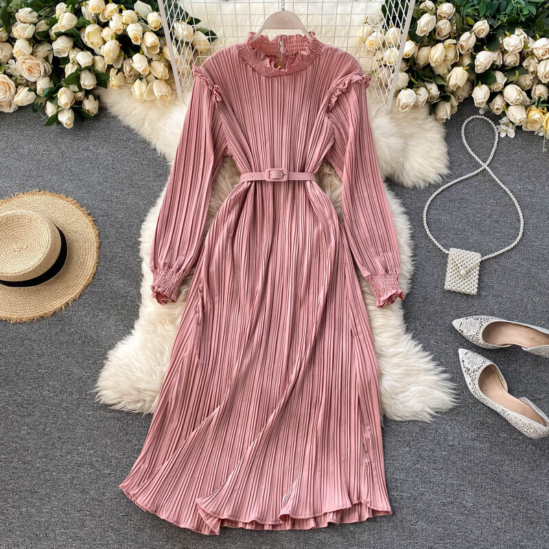 Women Design Pleated Dress French Sweet Stand Collar Long Sleeve A-line Dress Autumn Korean Fashion Streetwear Dress