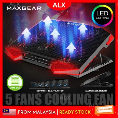 ALX ORIGINAL MAXGEAR 5X STRONG FAN LED 2 USB 12-17" Laptop Cooler Fan Laptop Stand Cooling Pad 5 Fan Laptop Fan 手提电脑散热风扇