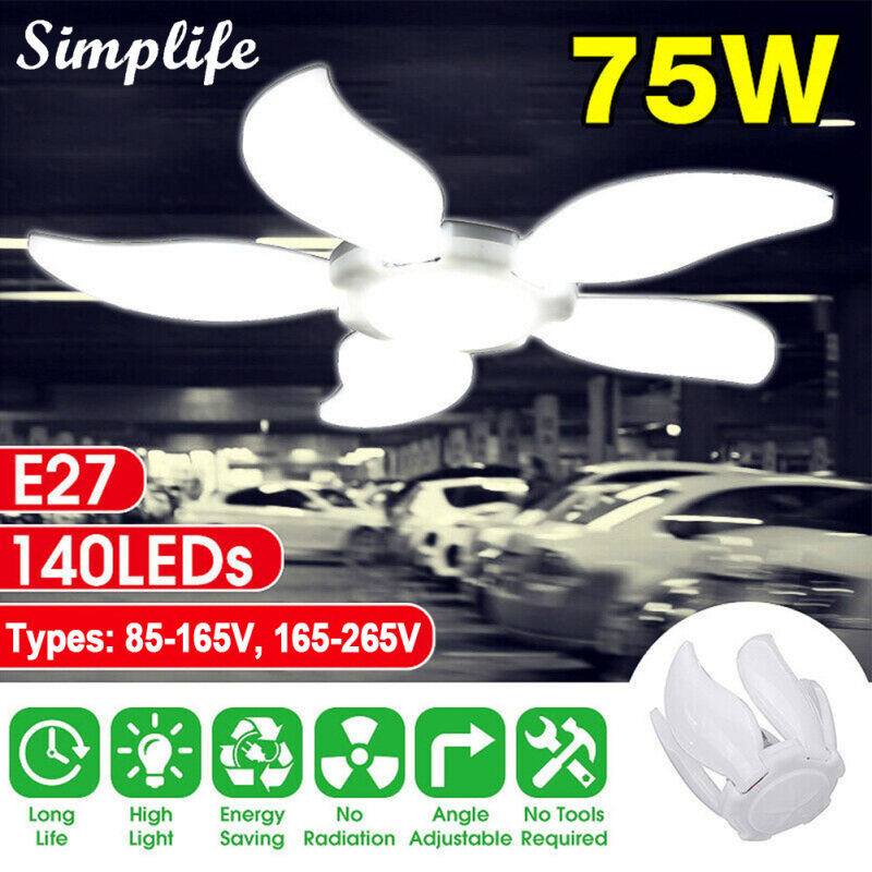 Đèn Chiếu Sáng Nhà Để Xe Simplife 75W 4800LM, Đèn Chiếu Sáng Công Nghiệp 140 LED, Góc Điều Chỉnh Được, Có Thể Biến Dạng Và Biến Dạng