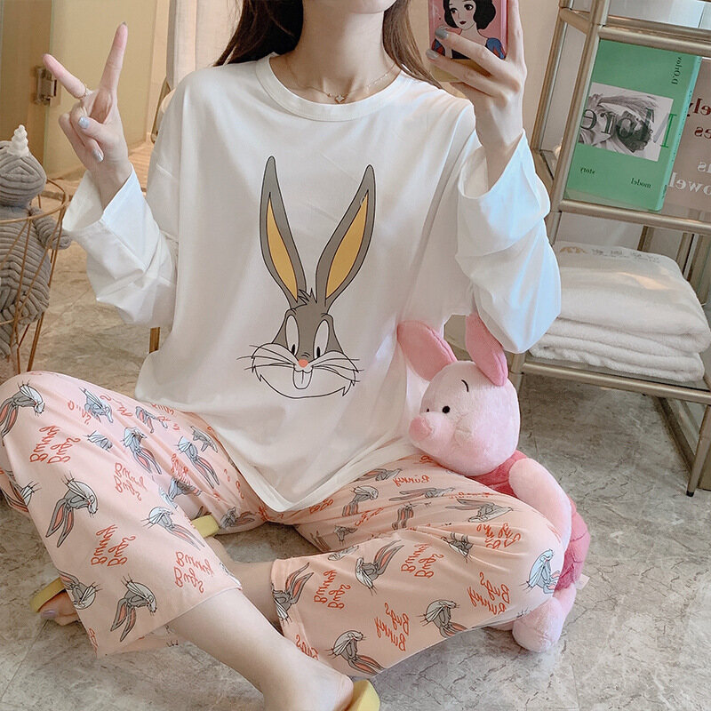 2pcs women sleepwear cute cartoon long sleeve tshirt + loose casual pants nightwear