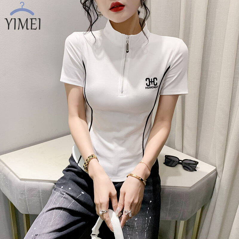 YIMEI Áo Thun Nữ Cay Quảng Châu Đẹp Áo Cotton 2023 Có Khóa Kéo Ngắn Tay Mùa Hè Mới Cổ Áo Cao Áo Thun Nữ Nước Ngoài Phiên Bản Hàn Quốc