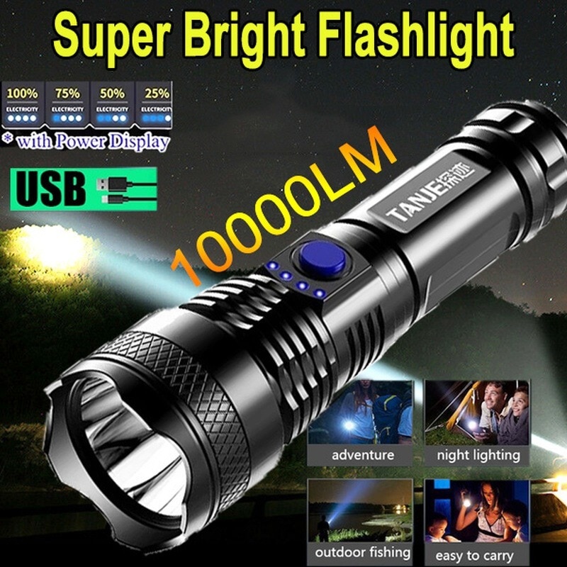 Powerful LED Flashlight 3 Modes USB Rechargeable Outdoor Bright Tactical Torch Portable Waterproof Light Self Defense Camping