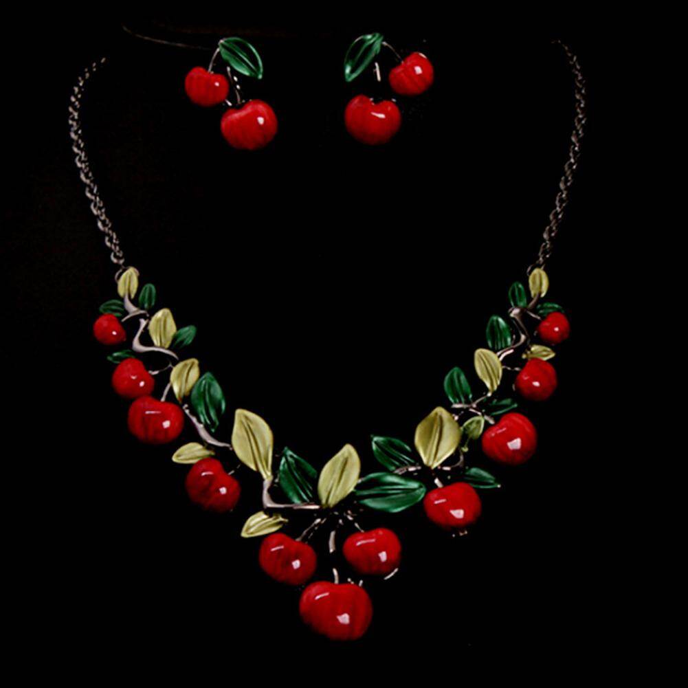 Gravitational wave Fashion Women Red Cherry Clavicle Chain Necklace Ear Stud Set Jewelry Accessory