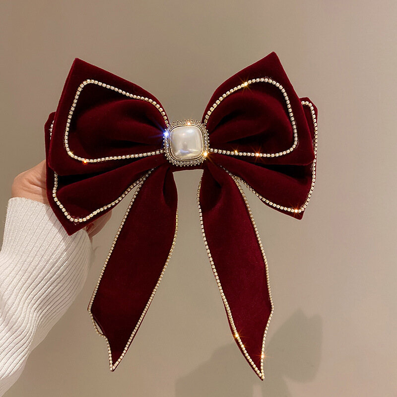 2023New style hairpin female velvet applique Diamond Pearl bow Korean fashion accessories hair spring