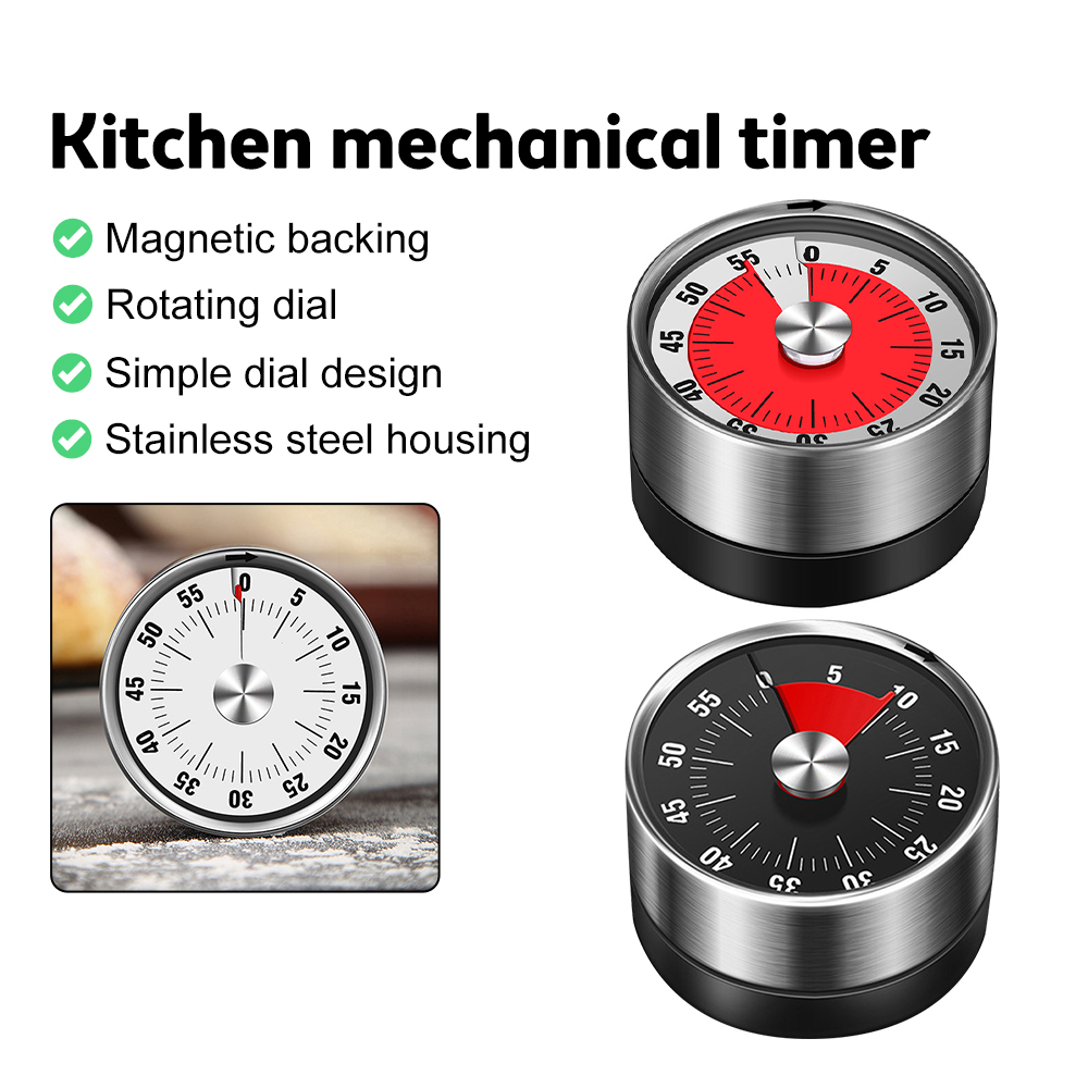 VOKTTA Mechanical Countdown Timer Kitchen Tool Stainless Steel Round Shape Magnetic Timers 60 Minutes Timer Alarm Time Reminders