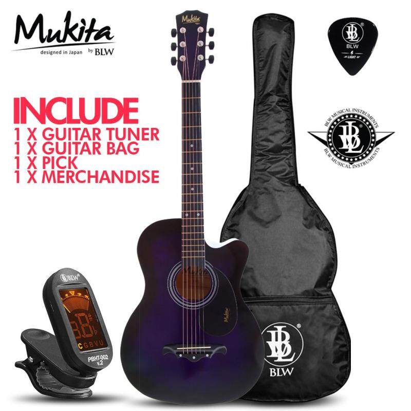 Mukita by BLW Standard Acoustic Folk Cutaway Basic Guitar Package 38 Inch for beginners with Bag, Pick, Digital Tuner and Merchandise Sticker (Purple) Malaysia