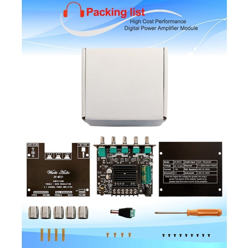 ZK-MT21 Mô Đun Khuếch Đại Âm Thanh Hiệu Suất Cao, Kỹ Thuật Số BT5.0 Loa Siêu Trầm Công Suất Khuếch Đại Hội Đồng Quản Trị, 2.1 Kênh 2X50W + AUX 100W