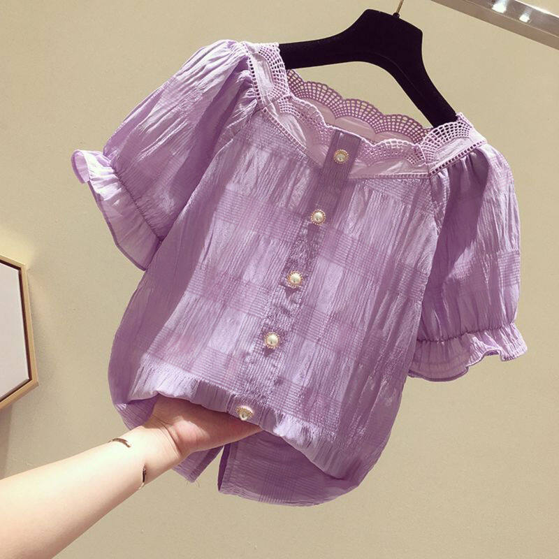 Purple chiffon shirt female short-sleeved 2020 new summer Korean version of the loose and sweet western-style small shirt covering the belly was thin jacket [end on June 17]