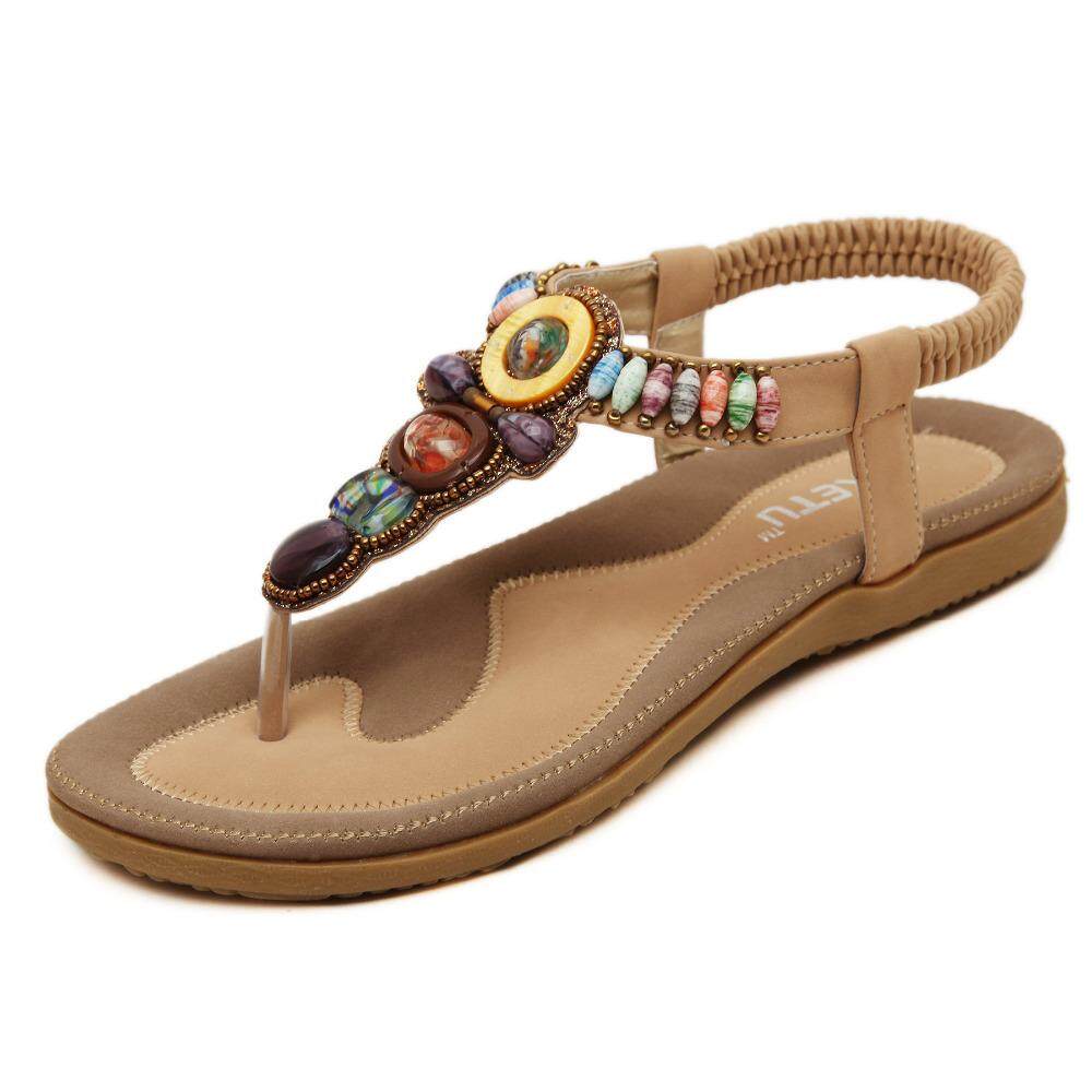 Ukuran Besar Hitam Manik-manik Sepatu Sandal Wanita Khaki Roma Musim Panas Sepatu Flat Wanita Sepatu Sandalias Mujer