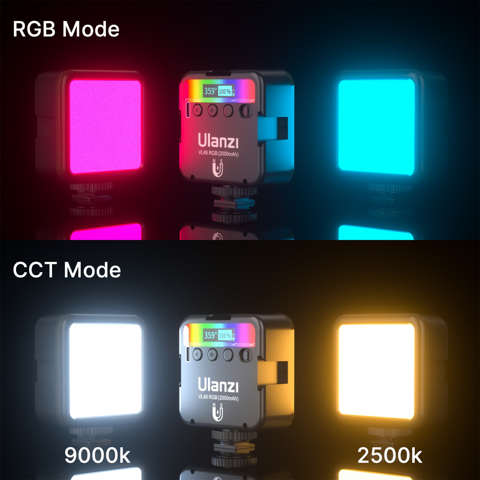 Đèn LED Quay Video Nhiếp Ảnh Ulanzi VL49 RGB Pocket Chiếu Sáng Phụ 2500K-9000K CRI95 Điều Chỉnh Độ Sáng Với...