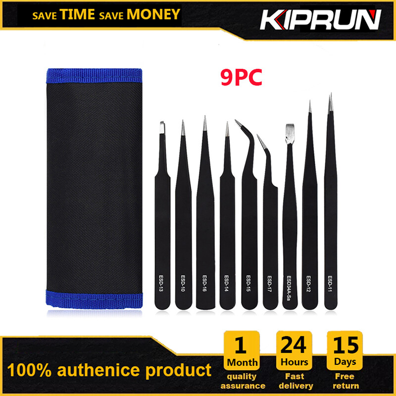 [Ready stock] KIPRUN 9PC ESD Precision Tweezer Set, Precision Industrial Tweezers Antistatic magnetic Stainless Steel Tweezers Set for Electronics Soldering