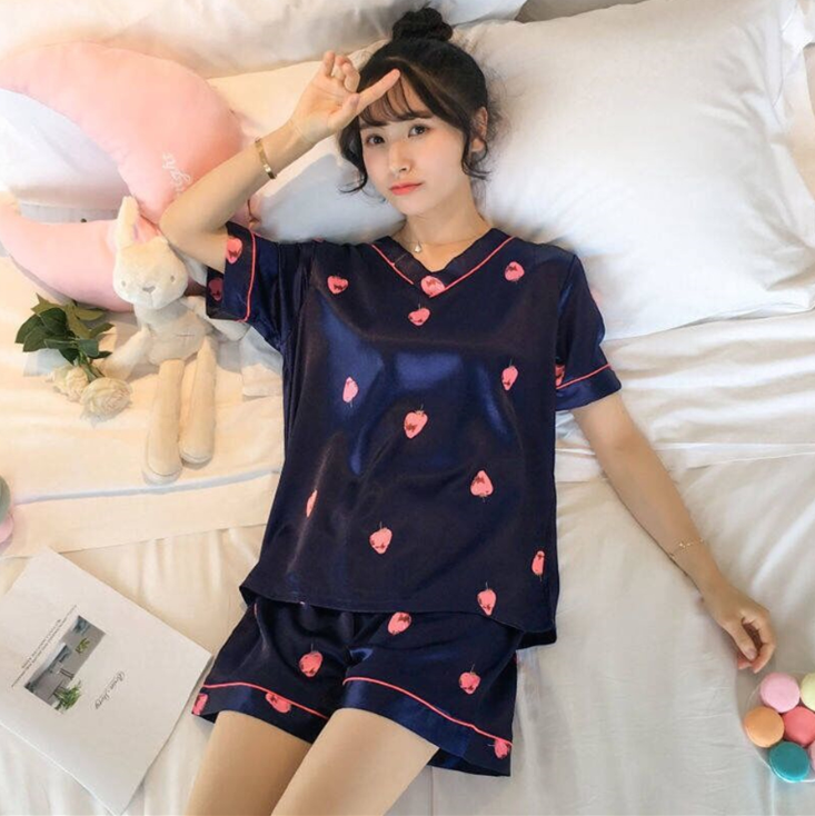 2pcs women Pajamas set silk short sleeve cute Cartoon loose nightwear + casual shorts sleepwear