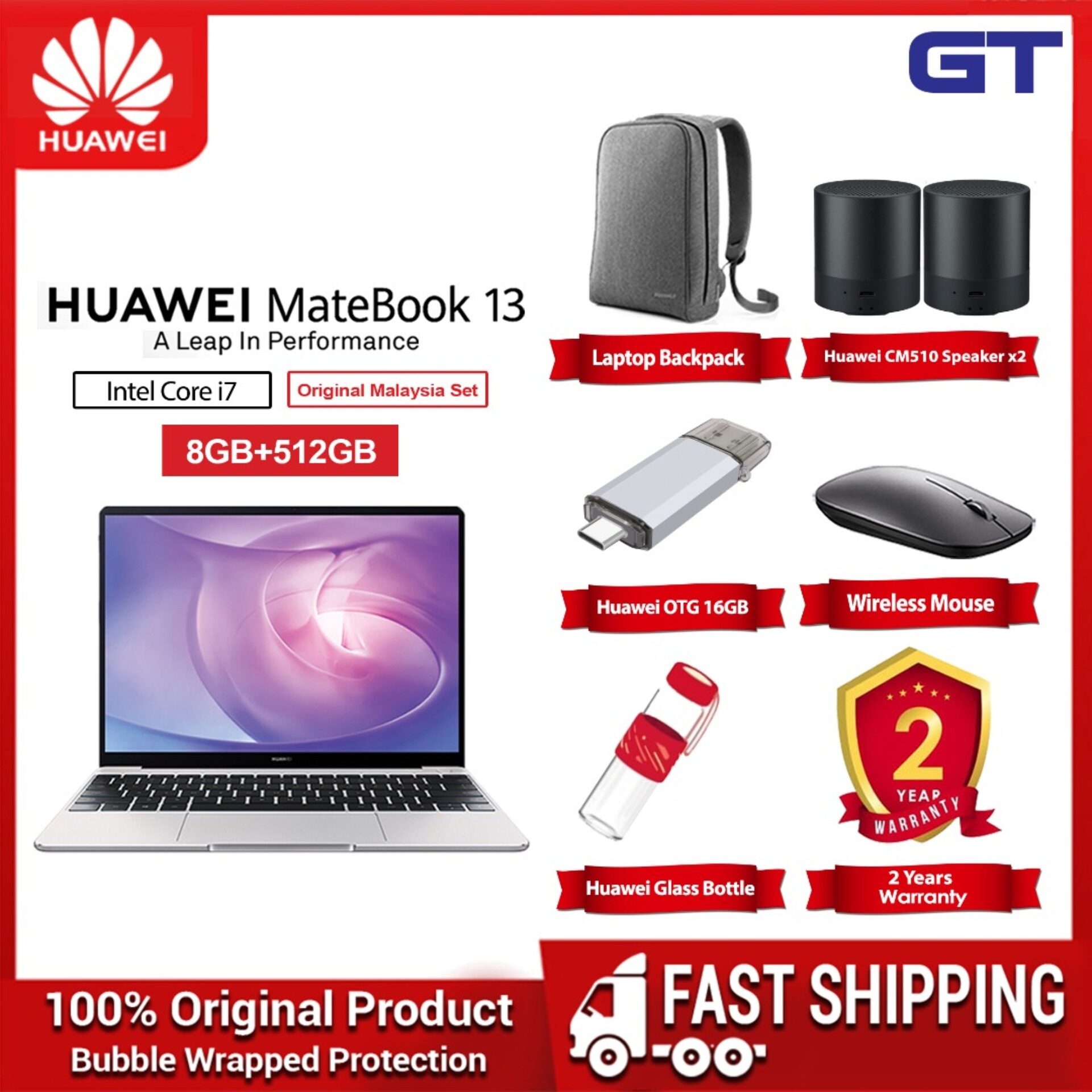 Huawei Matebook 13 (13 Screen Size, intel Core i7 8GB RAM + 512GB ROM) - Original Malaysia Set Malaysia