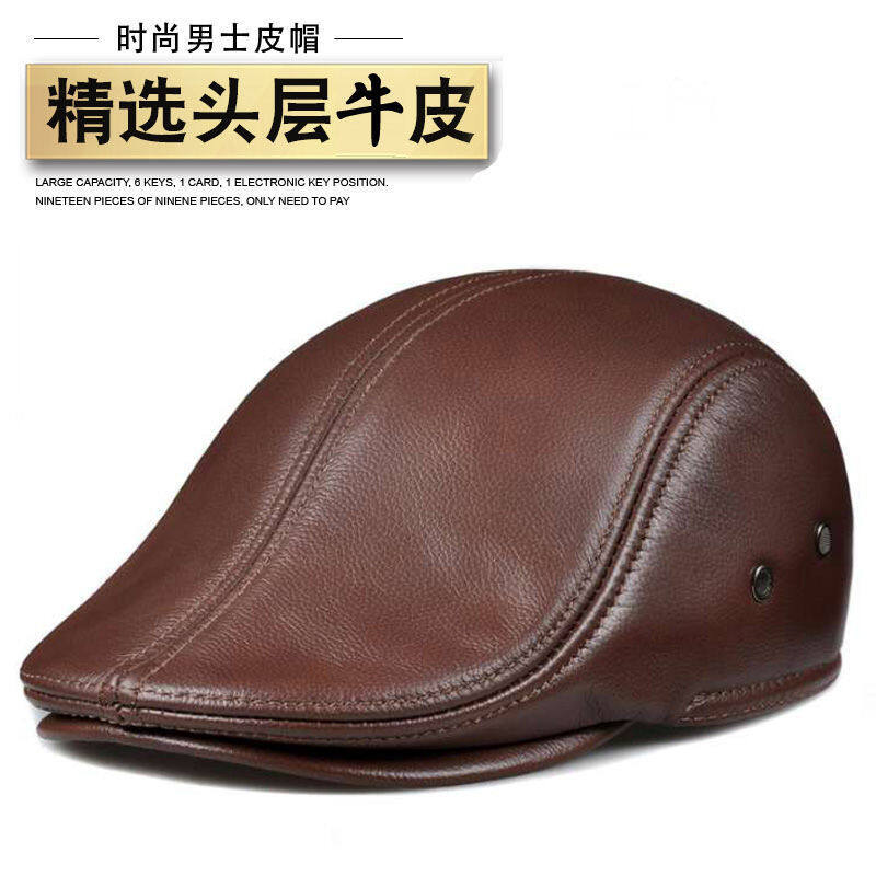 ISB249 Leather hat male middle-aged men's hat head leather beret ear dog duckling hat middle-aged winter front cap