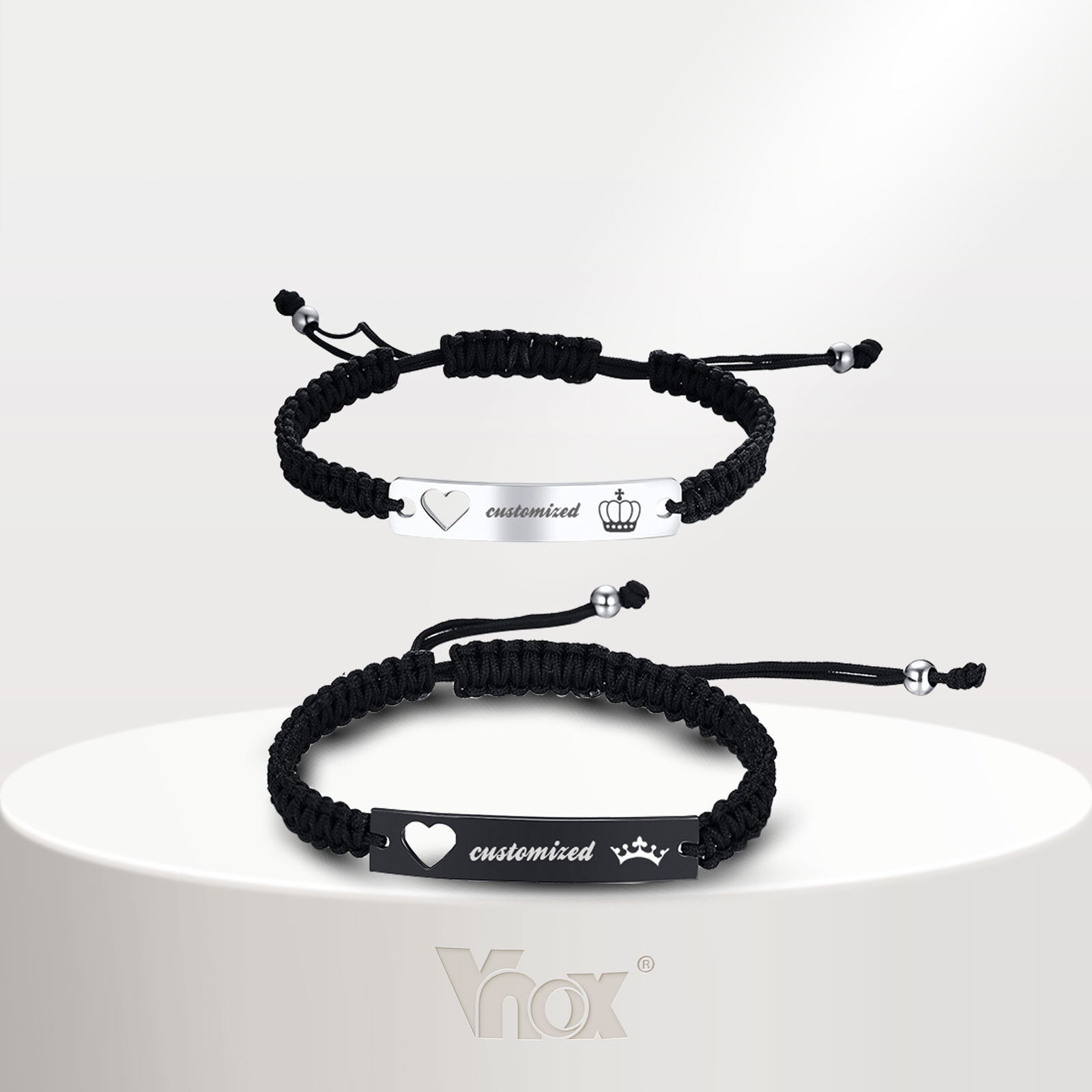 Vnox Customized Personalized Engrave ID Name Date Women Men Braided Rope String Bracelet Charm Hollow Heart Mother Girlfriend Gift
