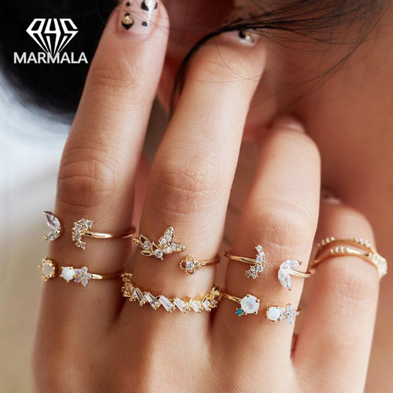 7pcs/set Bohemian Diamond Butterfly Flower Ring Set Female Vintage Wedding Festival Crystal MARMALA Jewelry