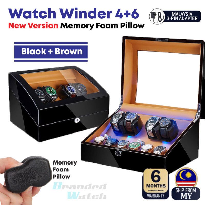 Premium Auto Watch Winder Automatic Rotate Watch Box 4+6 Black + Brown PU Leather Kotak Jam Luxury / Kotak Jam Automatik / Kotak Jam Kayu / Slot Malaysia