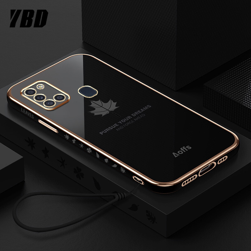 YBD Straight Edge Plating Phone case For Samsung Galaxy A21S casing,Precise Camera Protection case Maple leaf pattern cover with Free lanyard