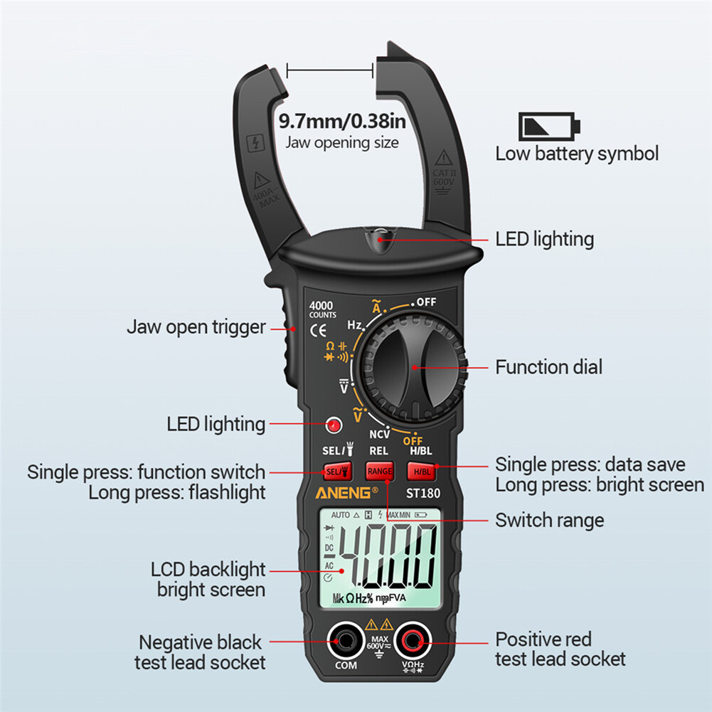 ST180 4000 Counts Digital Current Clamp Meter AC Ohm NCV Multimeter Tester