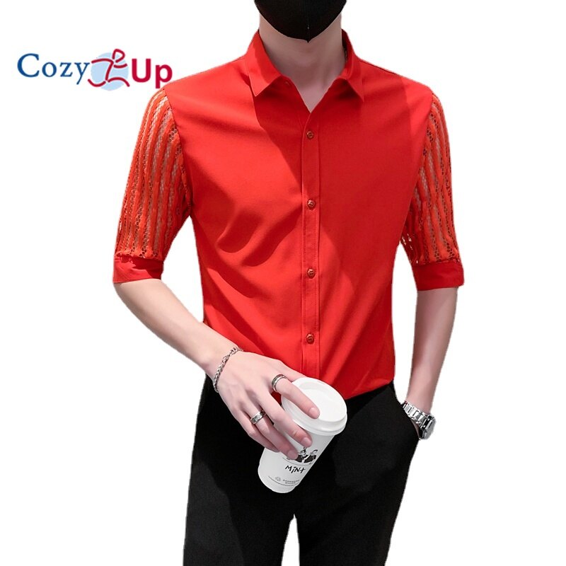 Cozy Up British Style Men Shirt Half Sleeve Solid Color Lapel Slim Fit