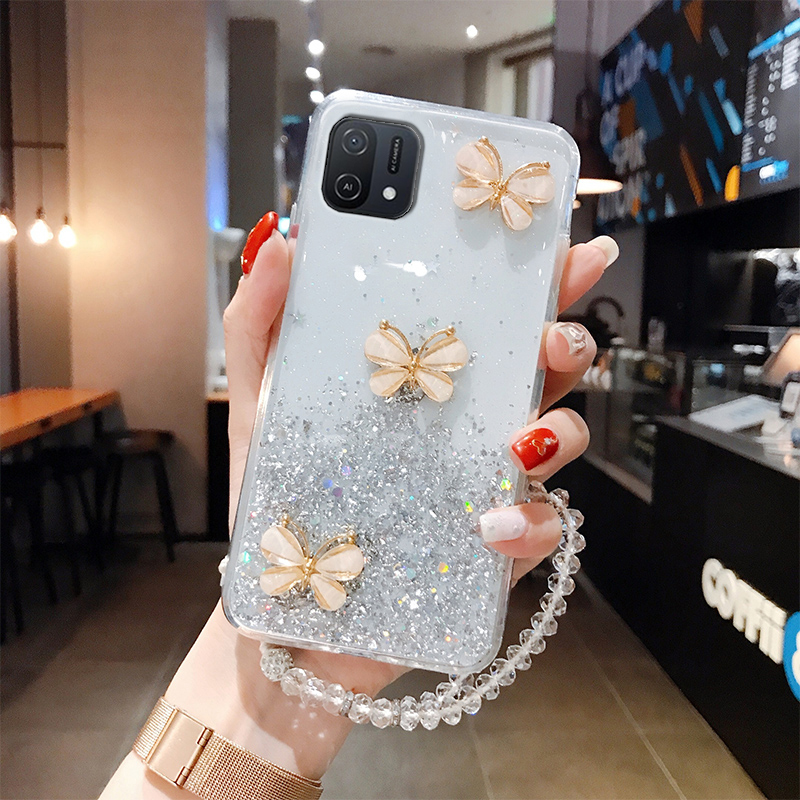 For OPPO A5s A12 A15 A16K A31 A52 A71 A74 A76 A96 Case, Luxury Personality Beautiful Butterfly Sparkle Starry Glitter Phone Casing with Crystal Strap Clear Cases Soft Bumper Shockproof Protection Back Cover