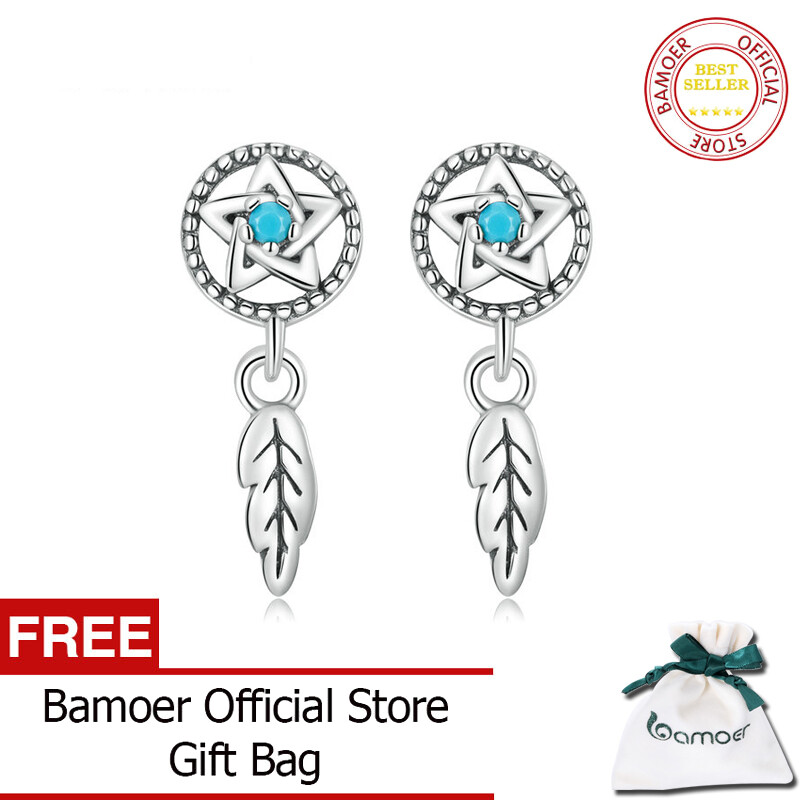 Bamoer 100% 925 sterling silver pentacle dreamcatcher earrings for women fashion ear studs jewelry sce1492