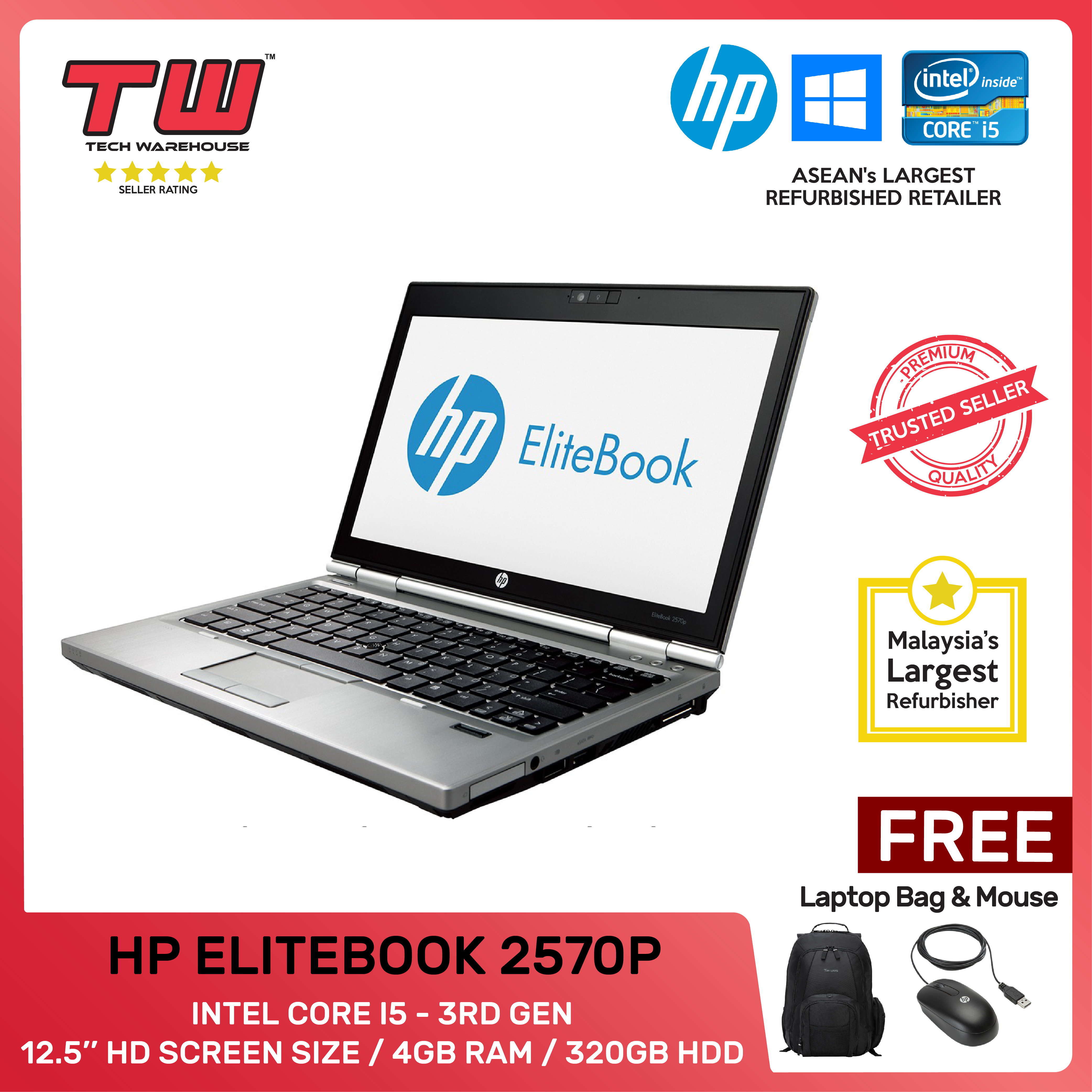HP ELITEBOOK 2570p / INTEL CORE I5 3RD GEN / LAPTOP / 12.5/ 4GB RAM / 320GB HDD / TECH WAREHOUSE (FACTORY REFURBISHED) Malaysia
