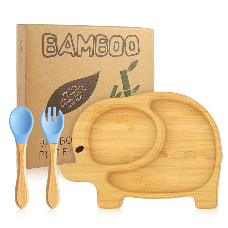 Baby Classic Bamboo Suction Plate children Wooden suction plate with Spoon and Fork Strong Suction