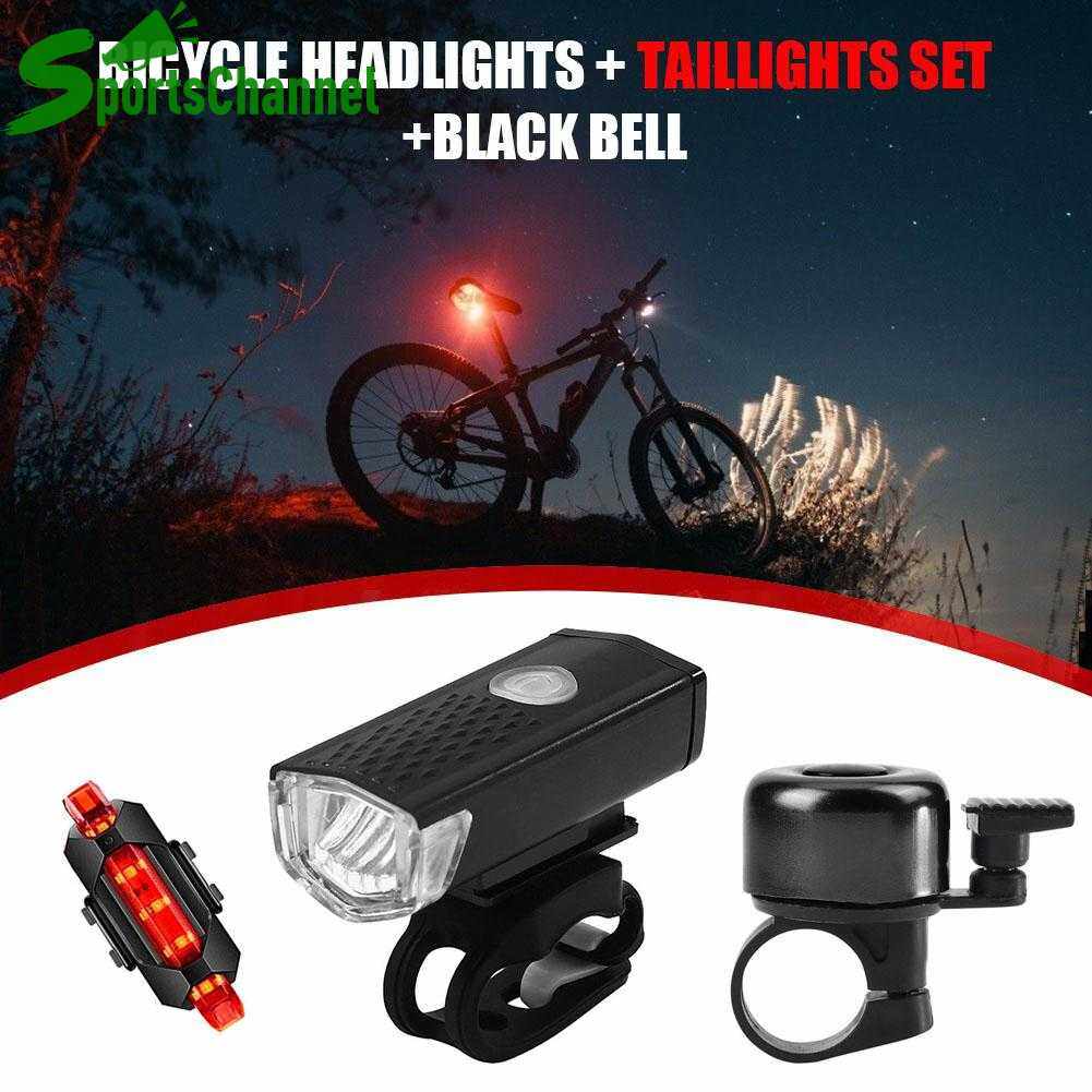 Bike Light LED MTB Bicycle Front Headlight Night Safety Taillight Bell Set