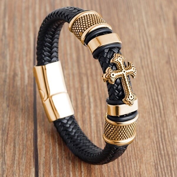 Vintage Punk Style Leather Woven Cross Men's Stainless Steel Bracelet