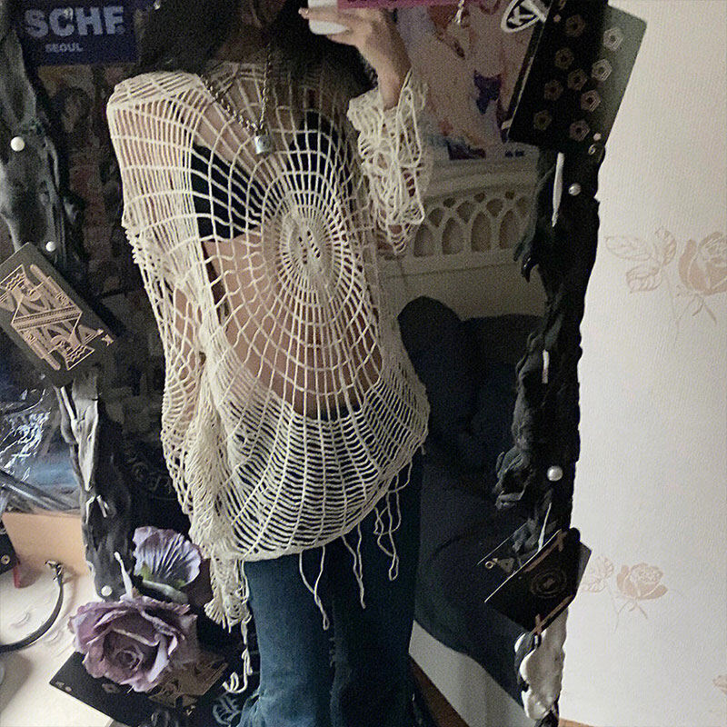 HengShanYuan women's t-shirt VIBE style niche spider web hollow hole design hooded T-shirt Y2K style T-shirt