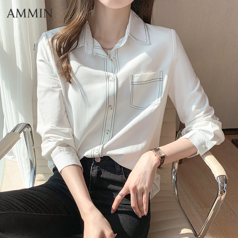 AMMIN New Lapel Chiffon Shirt For Women Korean Style New Fashion All-match Top Lady Casual Blouse