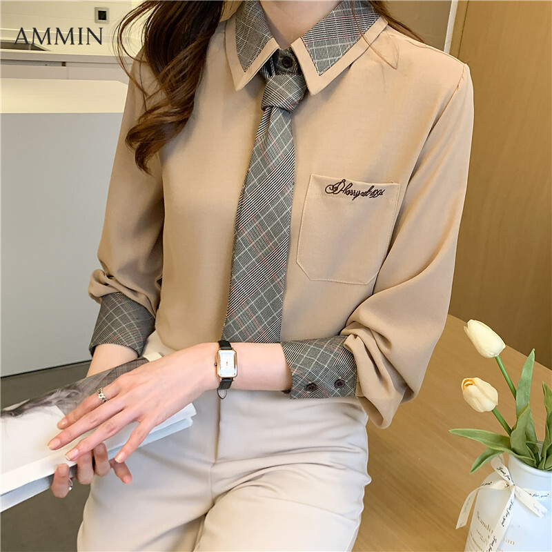 AMMIN 2023 new elegant checkered tie khaki embroidery long-sleeved chiffon shirt women Korean style lapel single-breasted commuter blouse female ins tops