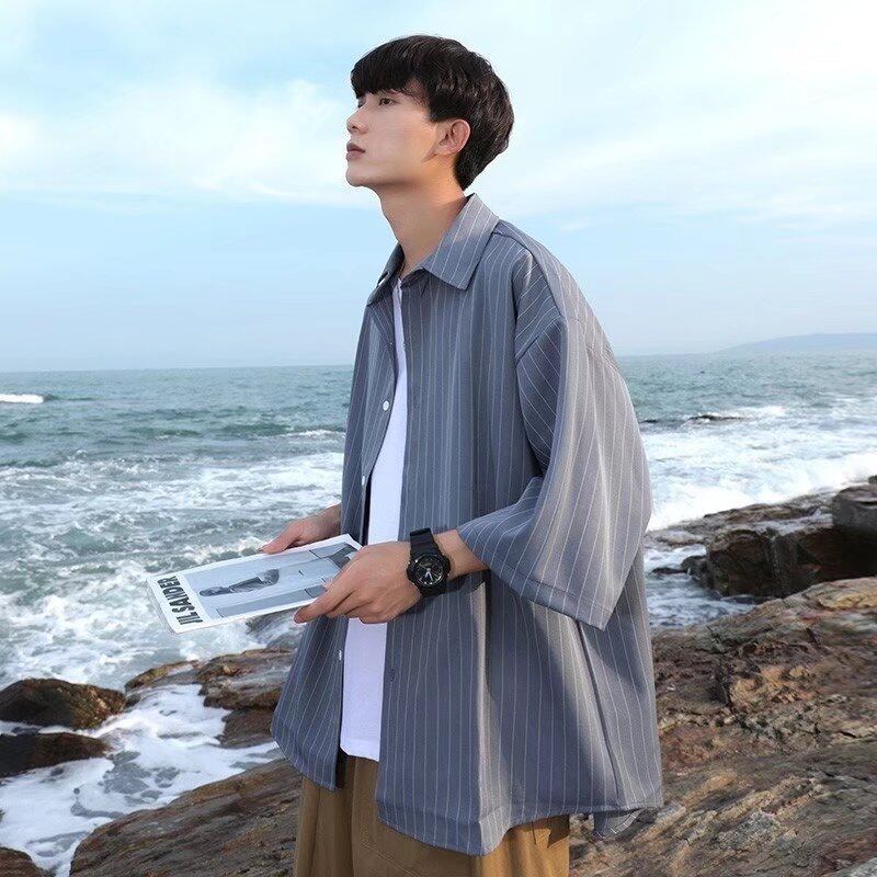 MOLAN Striped shirt man handsome vertical striped short sleeve shirt premium coat