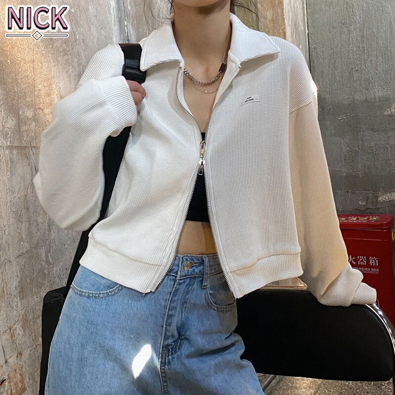 NICK jacket for women double zipper long sleeve jacket korean style loose short polo collar student coat