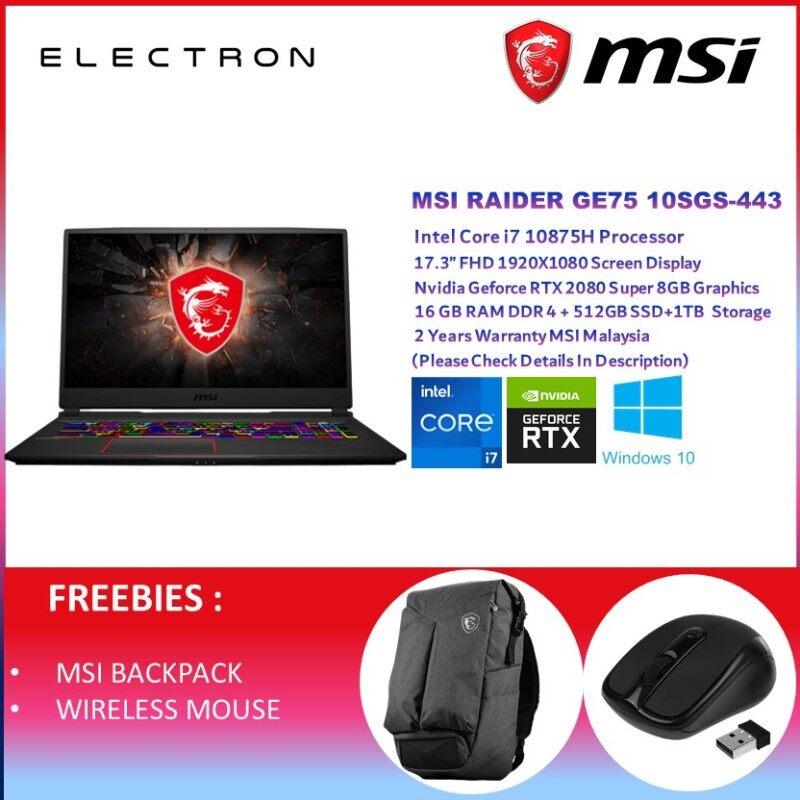 MSI Raider GE75 10SGS-443 17.3 FHD 240Hz Gaming Laptop ( I7-10875H, 16GB, 512GB+1TB, RTX2080 Super 8GB, W10 ) Malaysia