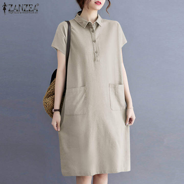 ZANZEA Đầm Sơ Mi Mini Dài Đến Đầu Gối Dáng Rộng Cài Khuy Có Cổ Tay Ngắn Cho Nữ – zanzea >>> top1shop >>> lazada.vn