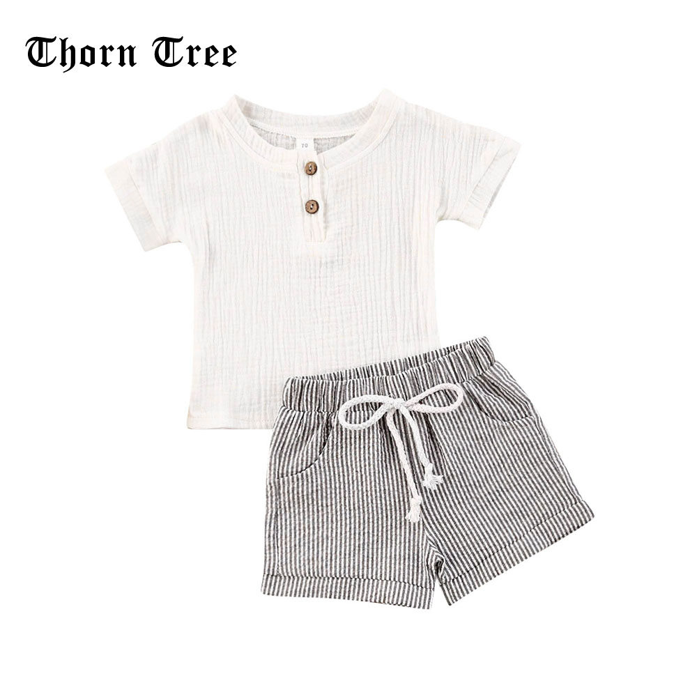 Kid Baby Boys Girls Clothes Sets White Button Short Sleeve T Shirts Tops+Striped Pants