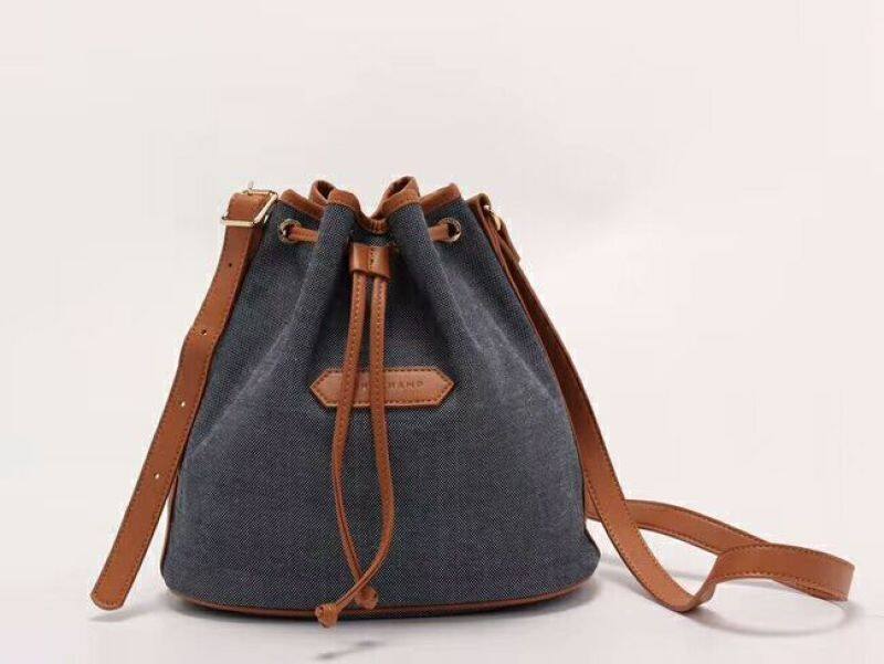 100% AUTHENTIC LONGCHAMP_Canvas handbag_Casual Bucket Bag_Commuter Lady Shoulder Bag Crossbody 2058614006 Gray blue - Made in France