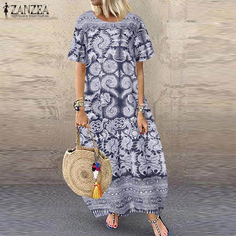 ZANZEA Women 3//4 Sleeve Print Casual Loose Long Dress Ladies Kaftan Maxi Dresses