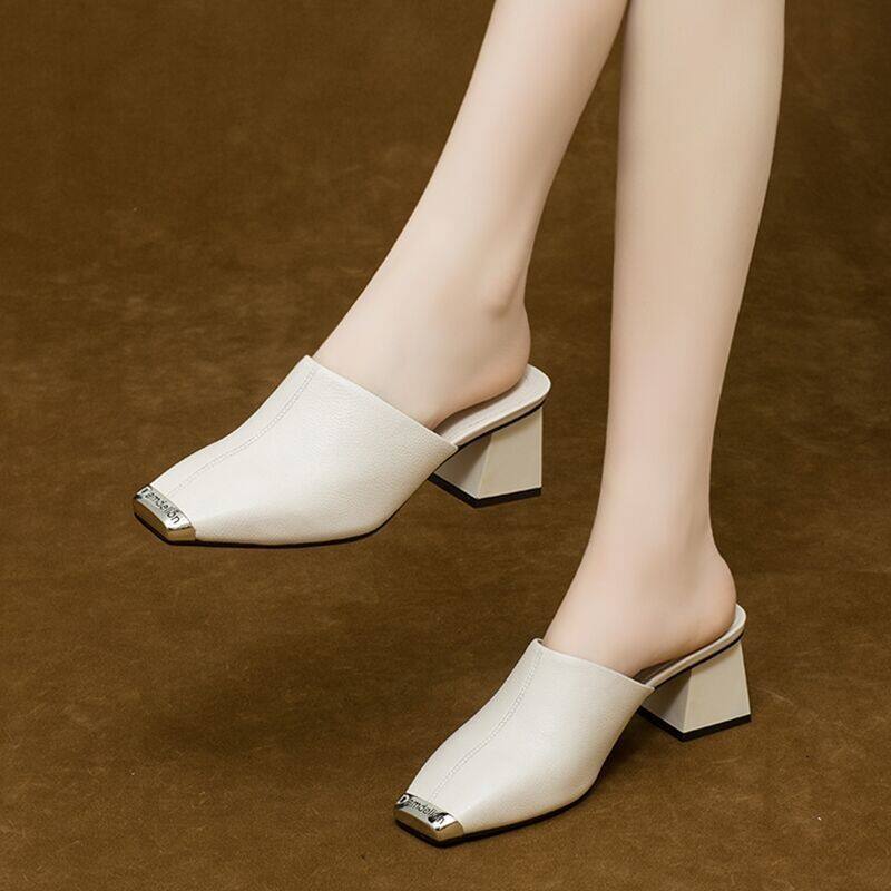 Leather Mules Shoes High heel slippers For Women Vintage Mary Janes Ladies Shoes Korea Mules Women For Women Mules Sandals 081020