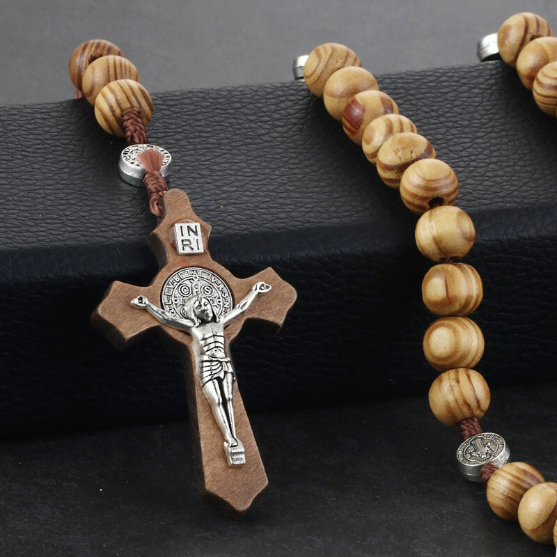 Antique Wooden Rosary Beads Chain Necklace INRI Jesus Pendant Necklace Religious Prayer Jewelry