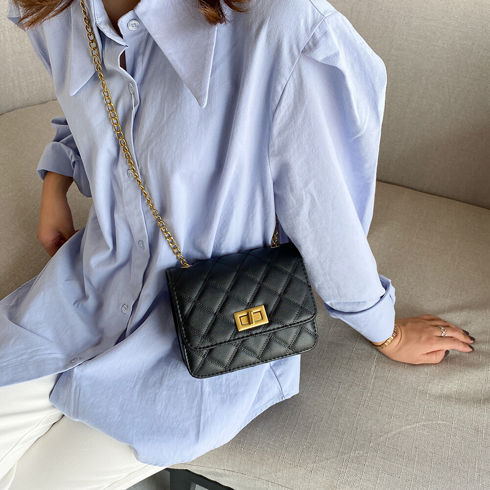 BAGOO Classic Rhombus Lattice Pattern Women Crossbody Bag Solid Color PU Leather Chain Square Shoulder Handbag