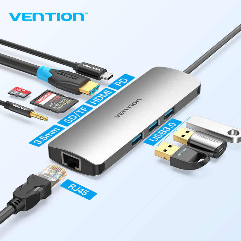 Vention Type C Hub USB C to HDMI USB 3.0 HUB Thunderbolt 3 Adapter to TF/SD 3.5mm RJ45 PD For MacBook Samsung S10/9 Huawei Mate 30 P30 Pro USB-C HUB