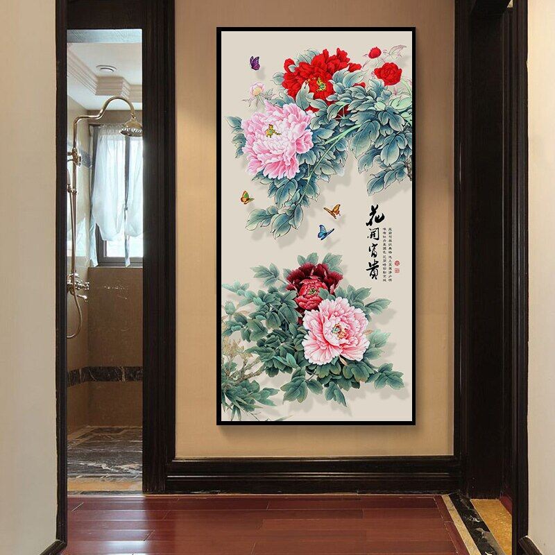60x120CM Pink Red Peony Porch Canvas Painting Wall Art Chinese Style Classic HD Picture Home Decor Living Room Bedroom Poster